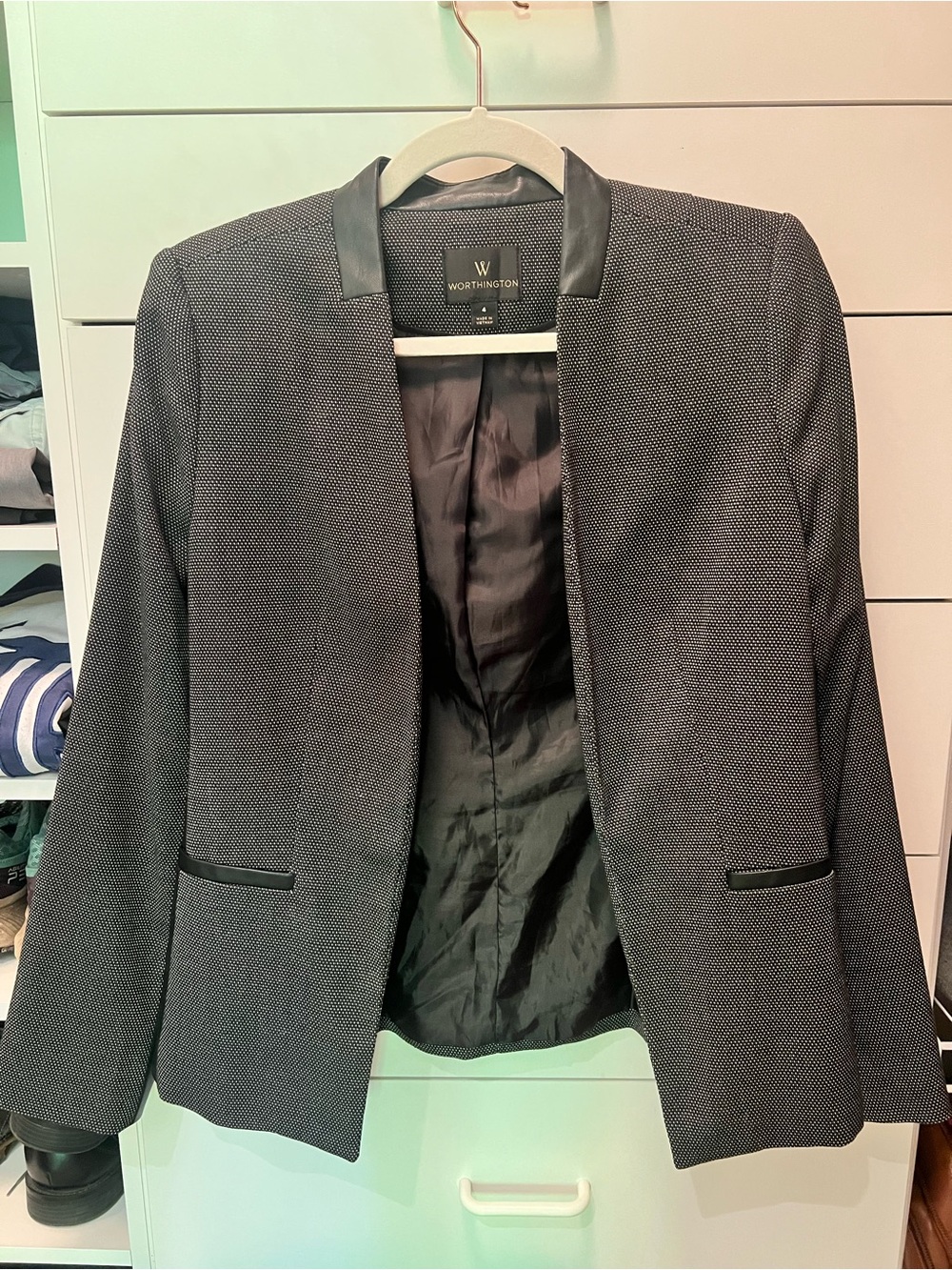 Worthington Black Textured Open-Front Blazer with Faux Leather Trim